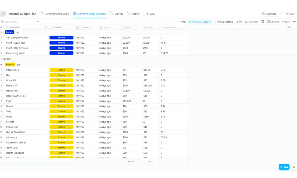 Beat impulse buying and automate expense tracking with ClickUp’s Personal Budget Plan Template