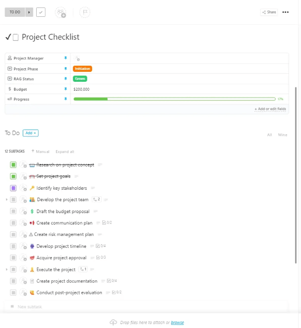 Szablon listy kontrolnej projektu ClickUp