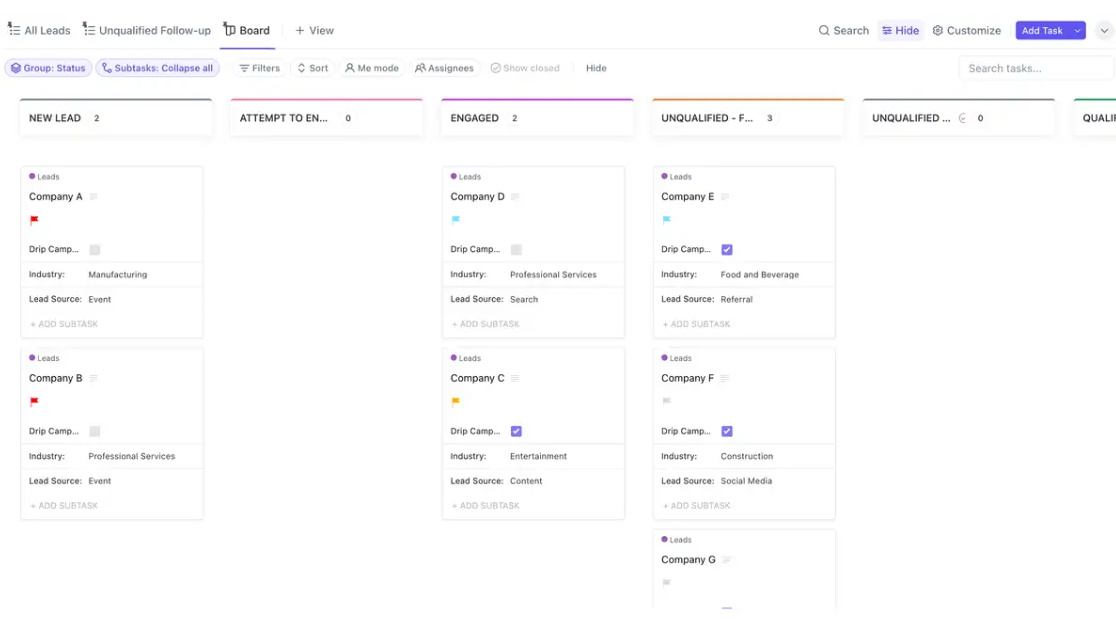 ClickUp’s Sales CRM Template allows sales teams and leaders to manage lead information and track performance