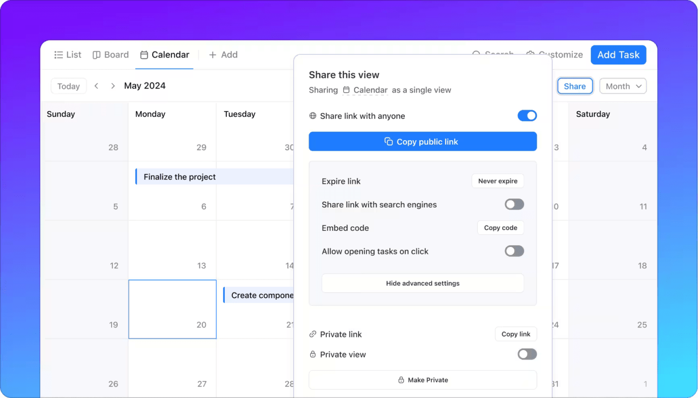 ClickUp calendar sharing