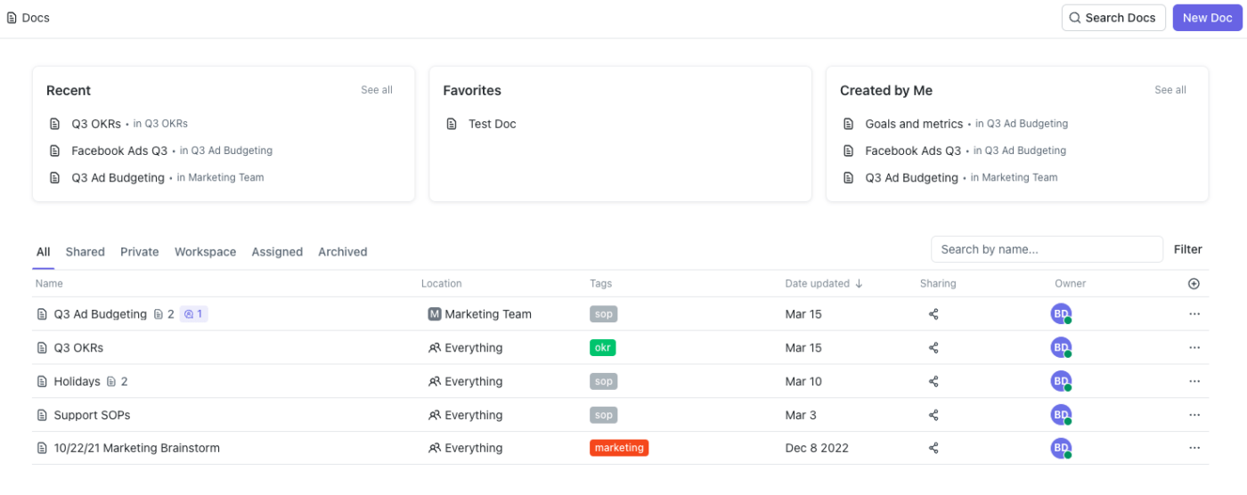 ClickUp’s Docs Hub