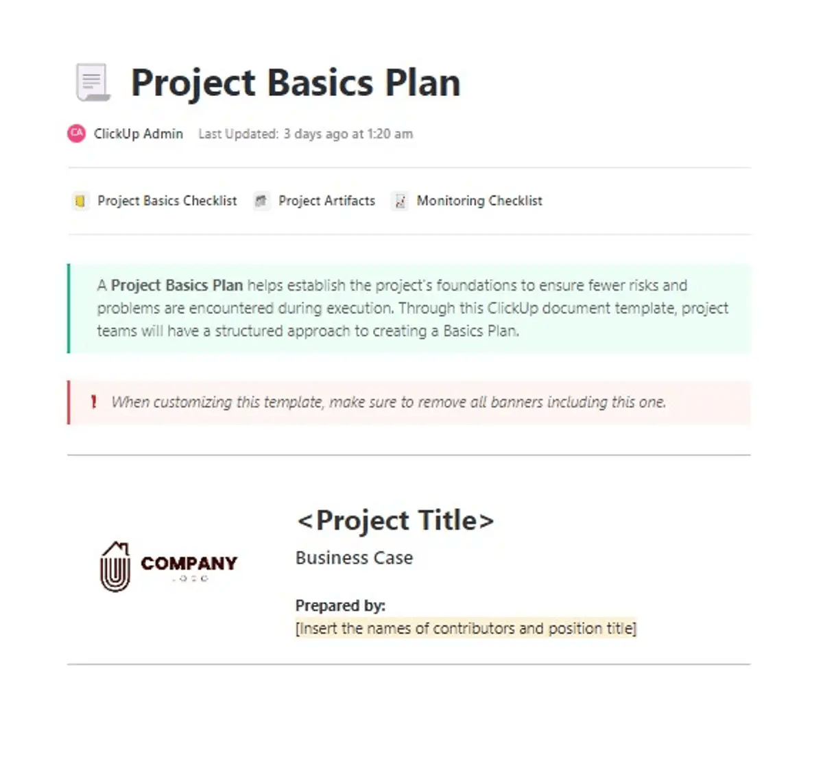 Erstellen Sie Schritt-für-Schritt-Pläne für die Durchführung von Projekten mit ClickUp's Planning Document Template