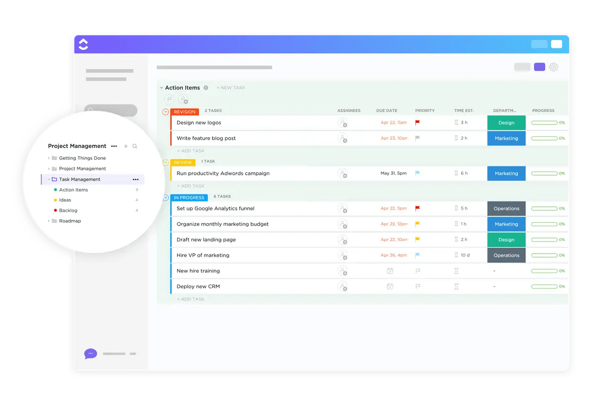 Visualize, organize, and analyze tasks by status and priority with ClickUp’s Task Management Template