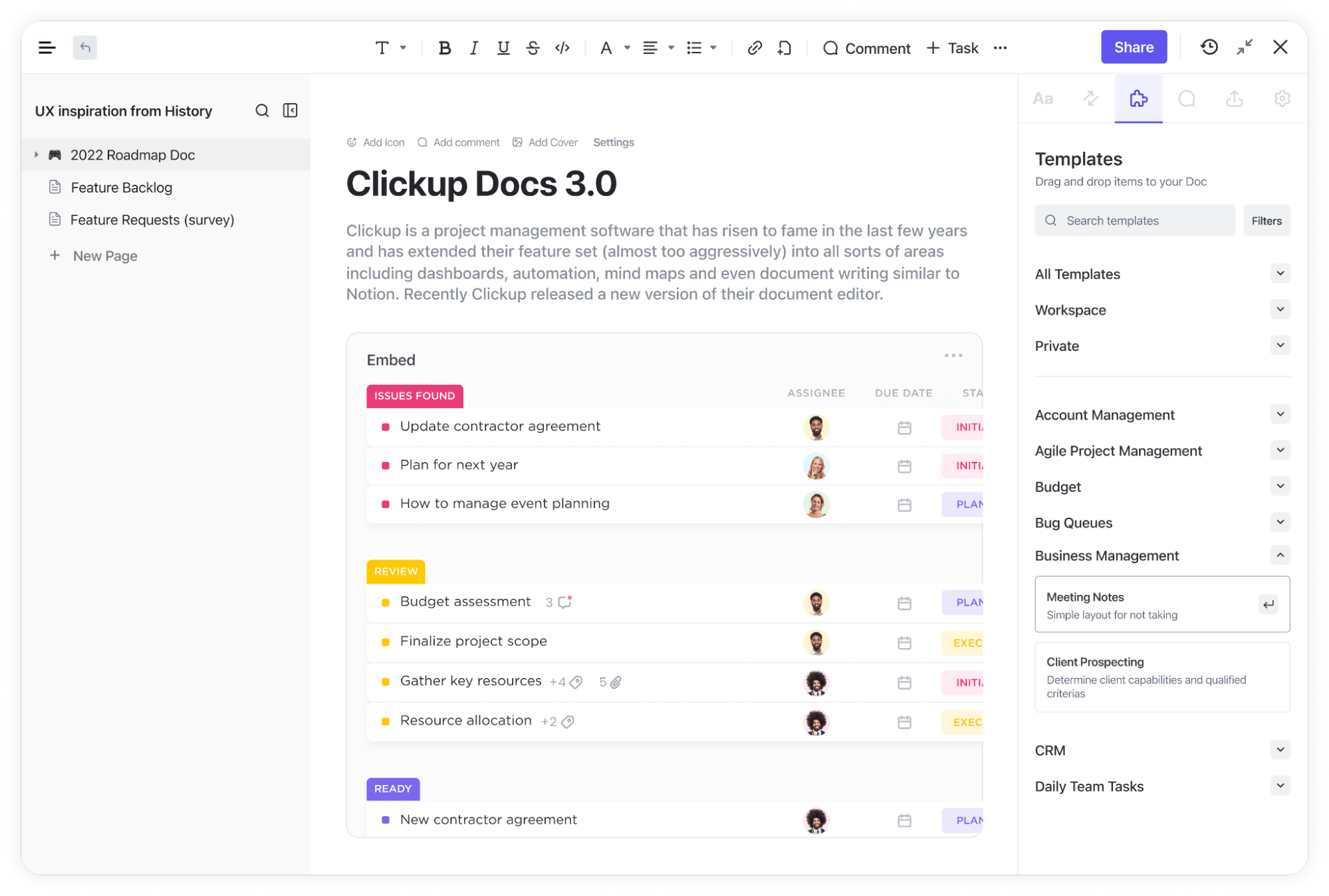 Create beautiful Docs, wikis, and more, and connect them to your workflows with ClickUp Docs