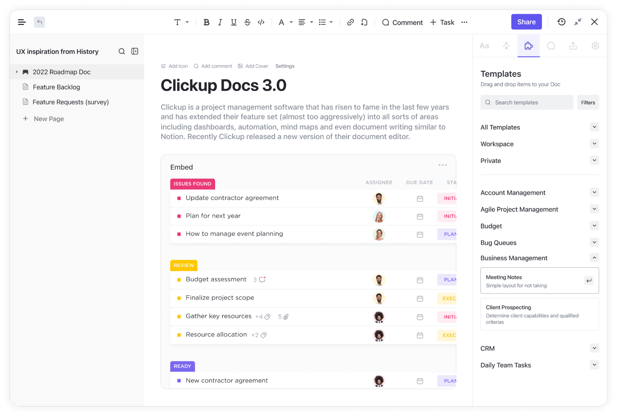 Crea documentos, wikis y mucho más, y conéctalos a tus flujos de trabajo con ClickUp Docs