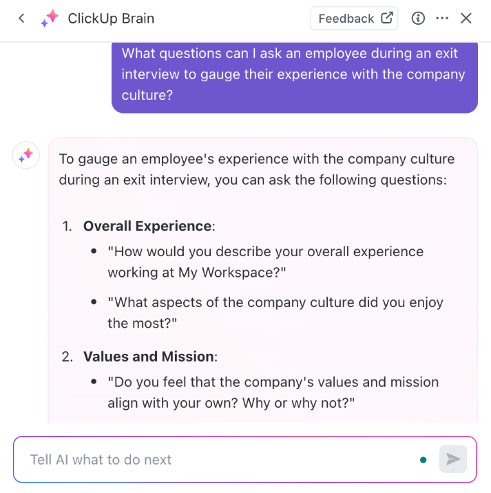 Curate a comprehensive list of exit interview questions using ClickUp Brain