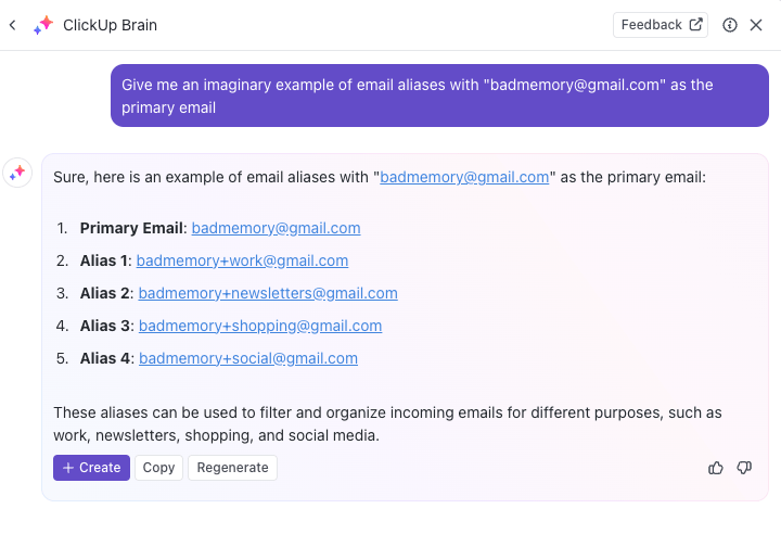 Email aliases generated by ClickUp Brain