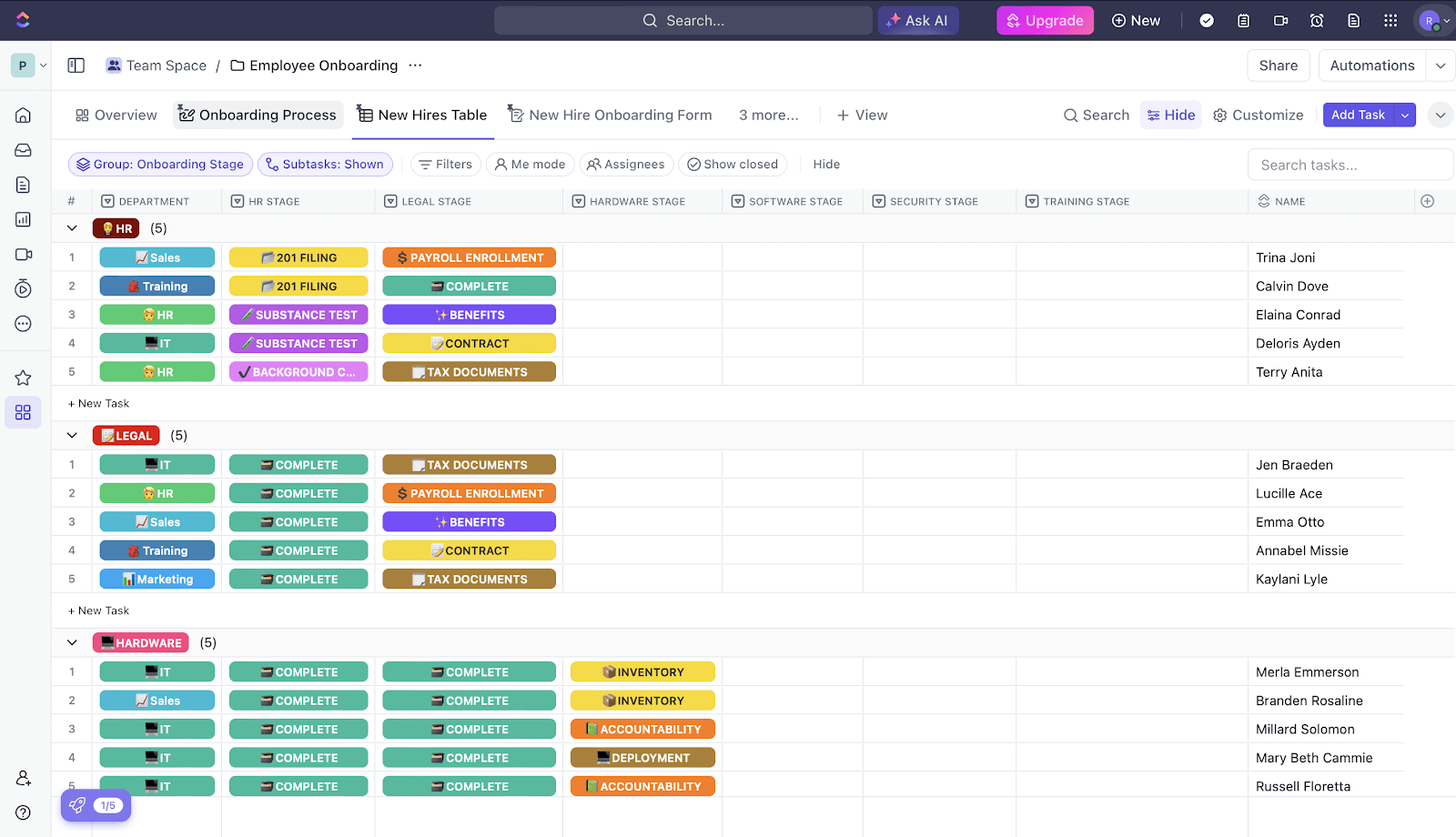 Uwzględnij najważniejsze etapy wdrażania pracowników, korzystając z szablonu ClickUp Employee Onboarding Template, zawierającego konfigurowalne listy zadań, listy kontrolne i dokumenty