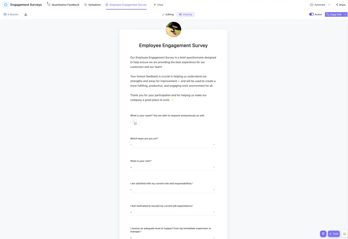 Understand and visualize your business's employee satisfaction levels with the ClickUp Employee Retention Questionnaire Template