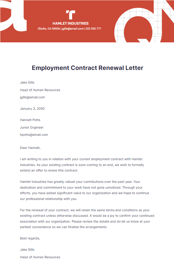 Modèle de lettre de renouvellement de contrat de travail par TEMPLATE.NET