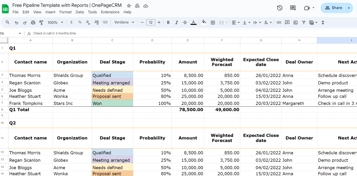 OnePageCRM의 Excel 영업 파이프라인 템플릿