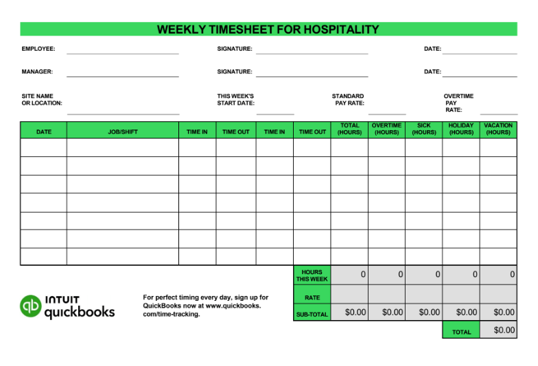 Google Docs Hospitality Timesheet Template by QuickBooks