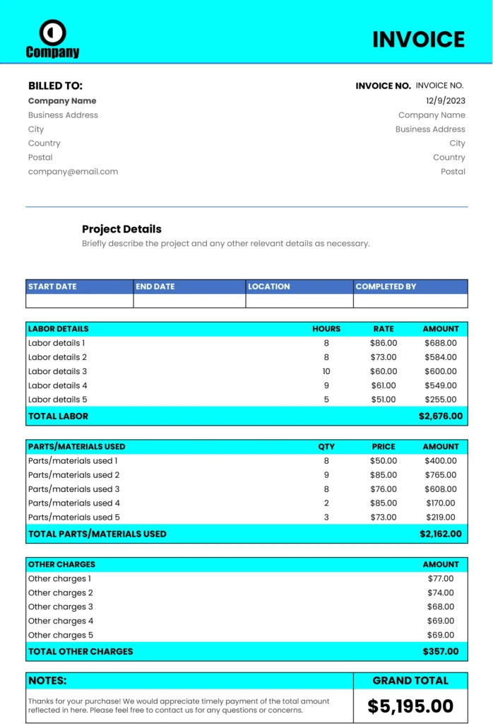 Modello di fattura per appaltatore in Google Sheets di Coefficient