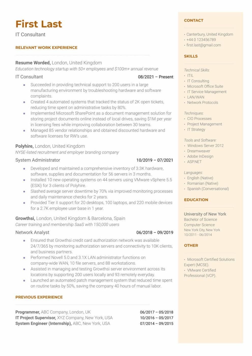 IT Consultant Resume Template by Resume Worded