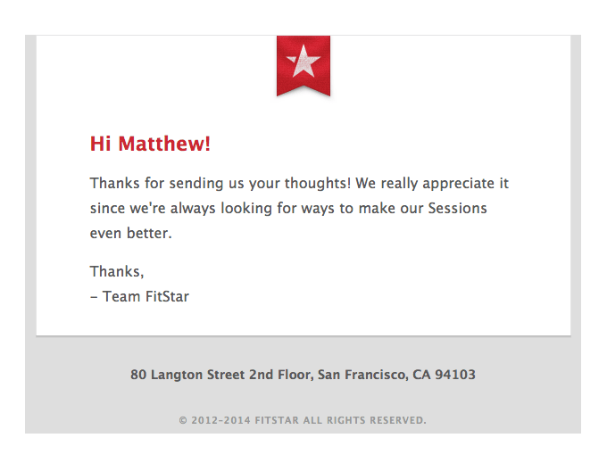 Feedback confirmation email example from FitStar
