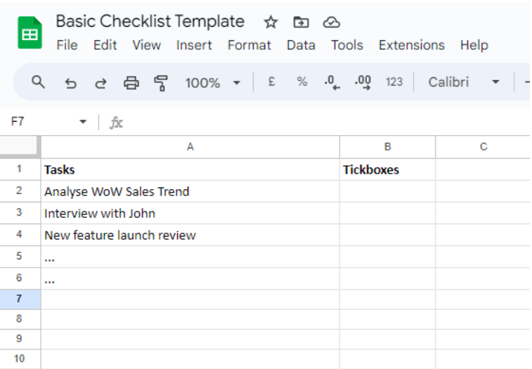 Google sheet screenshot showing how to list down your tasks