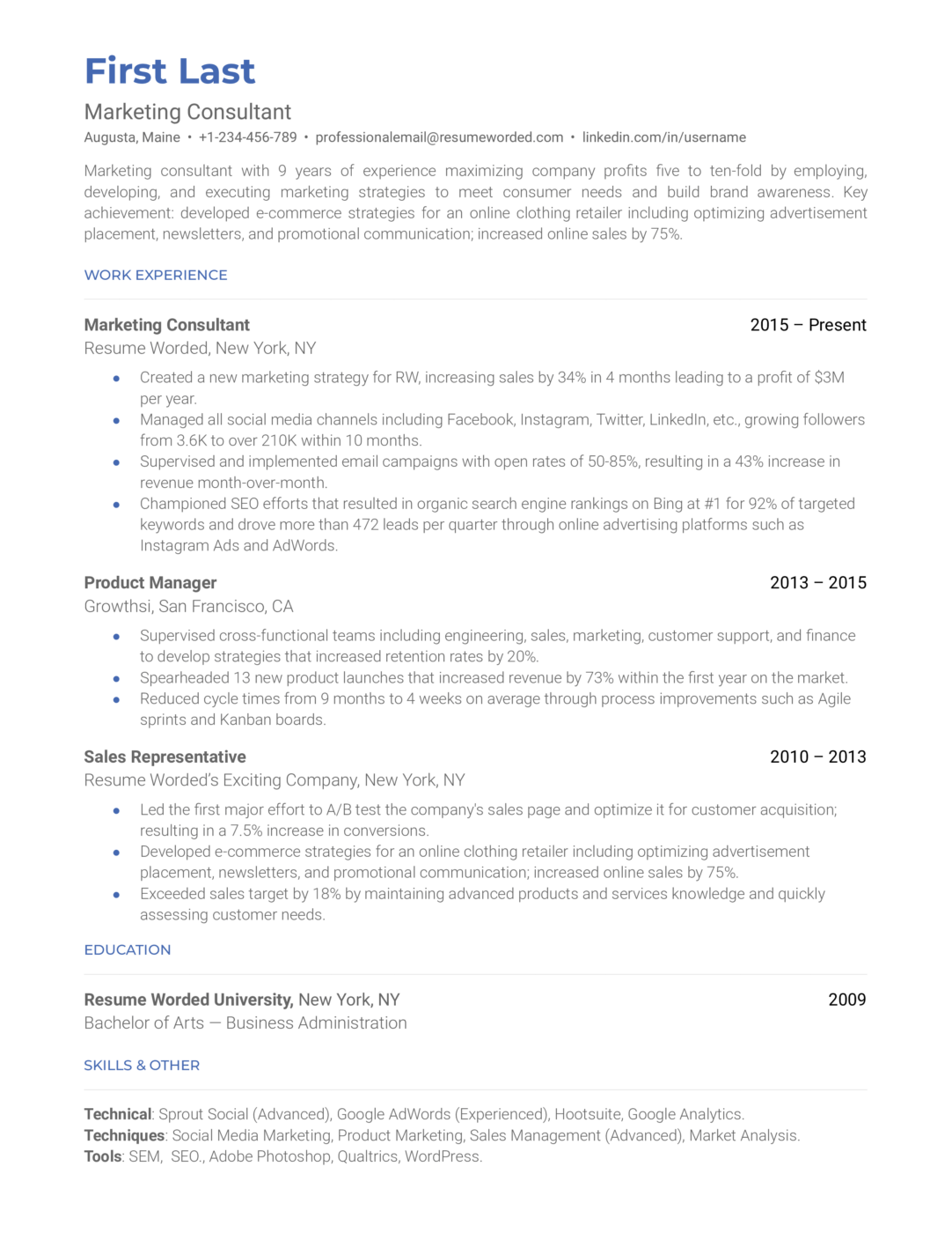 Marketing Consultant Resume Template by Resume Worded