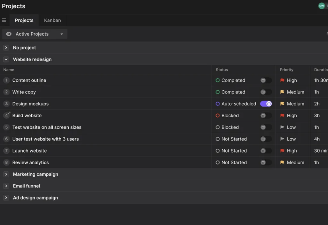 Motion Projects dashboard