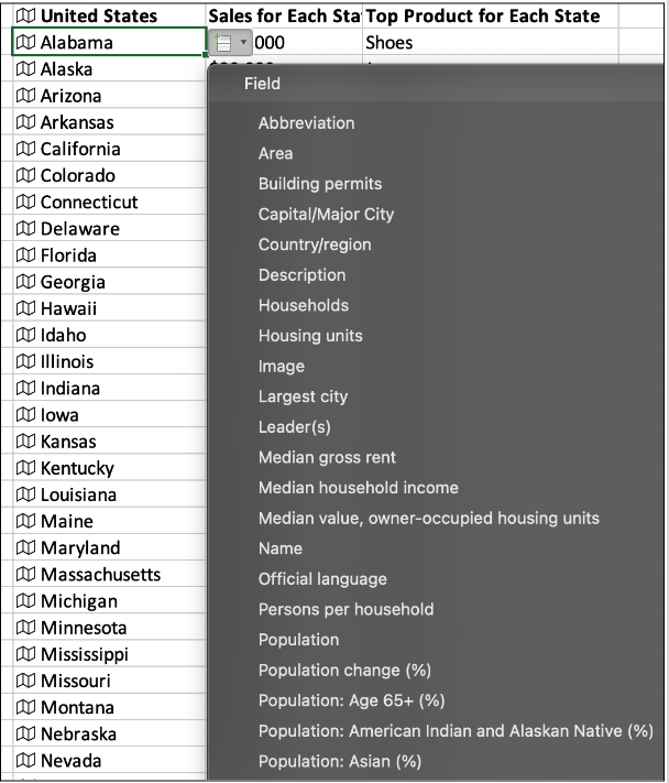 Options for geographical data in Excel