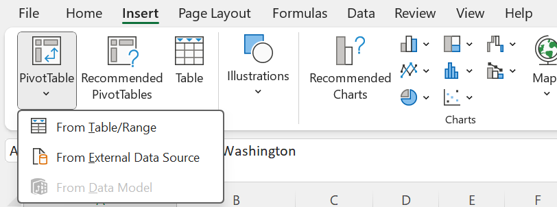 Pivot table option in Excel