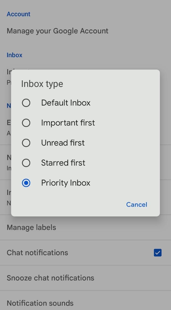 Selecting 'priority inbox' from Inbox types on Gmail