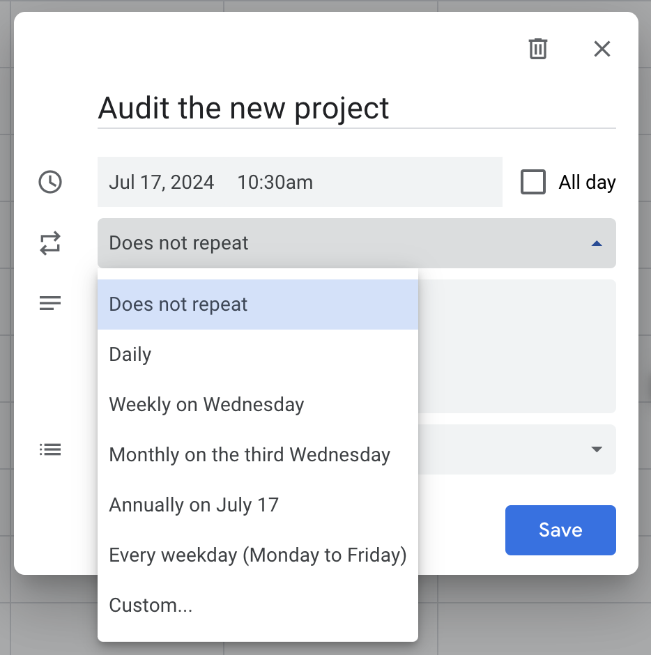 Recurring tasks on Google Calendar