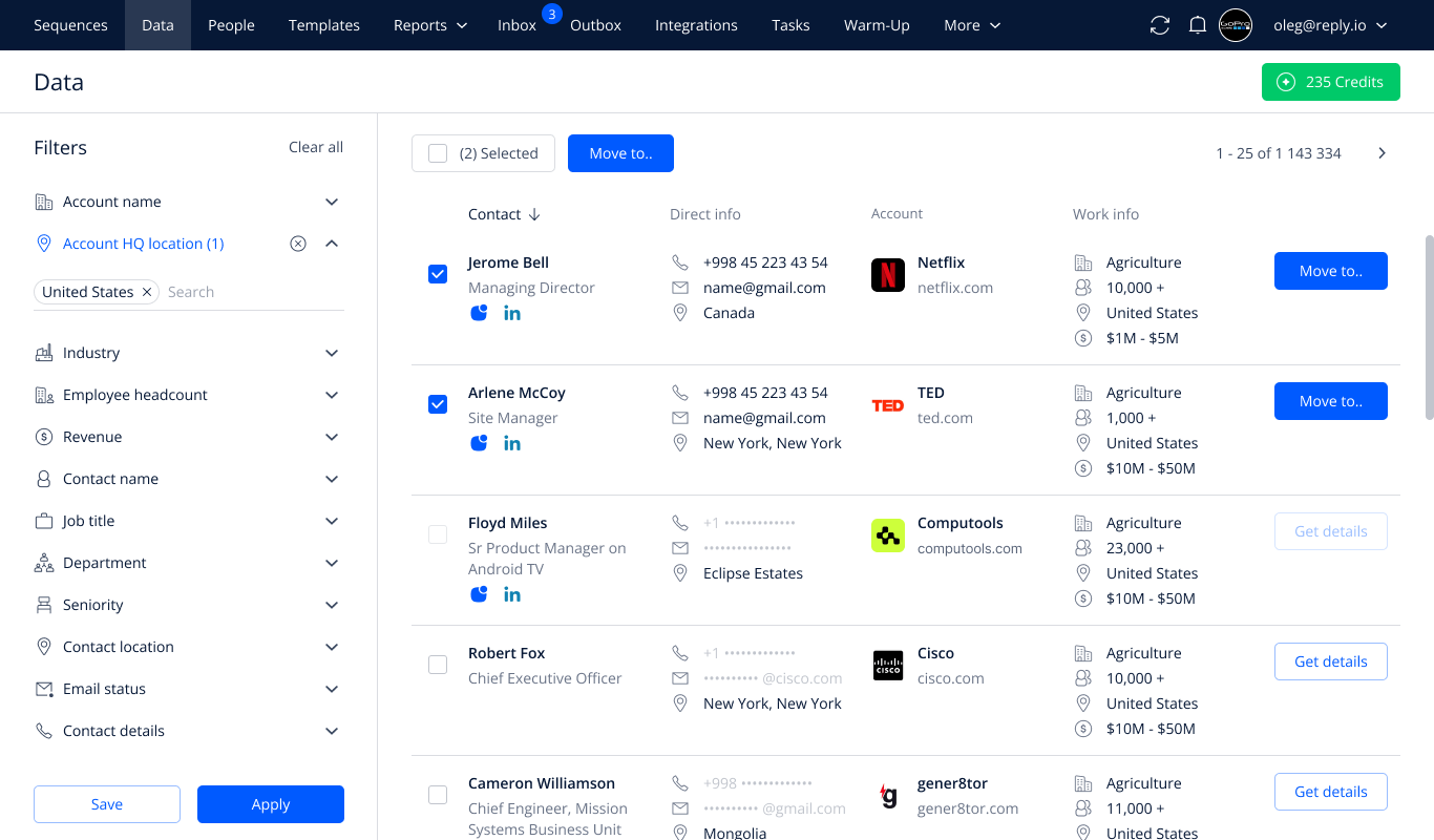 Painel de controle do Reply.io