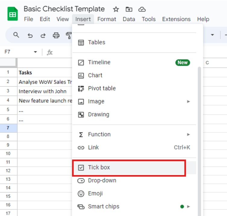 Screenshot from Google sheet showing where to find checkboxes