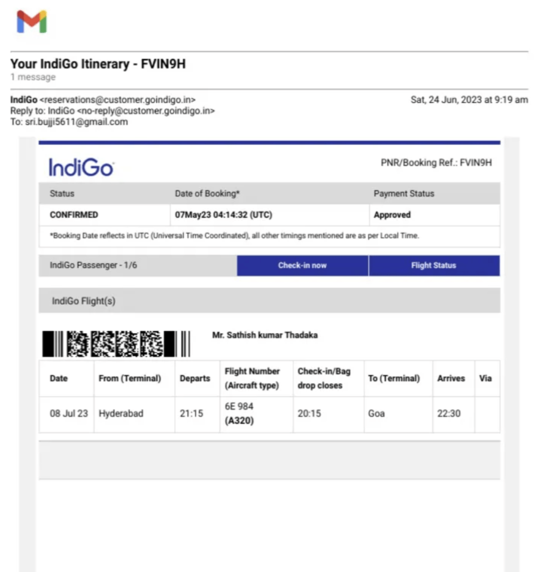 Airline ticket booking confirmation email