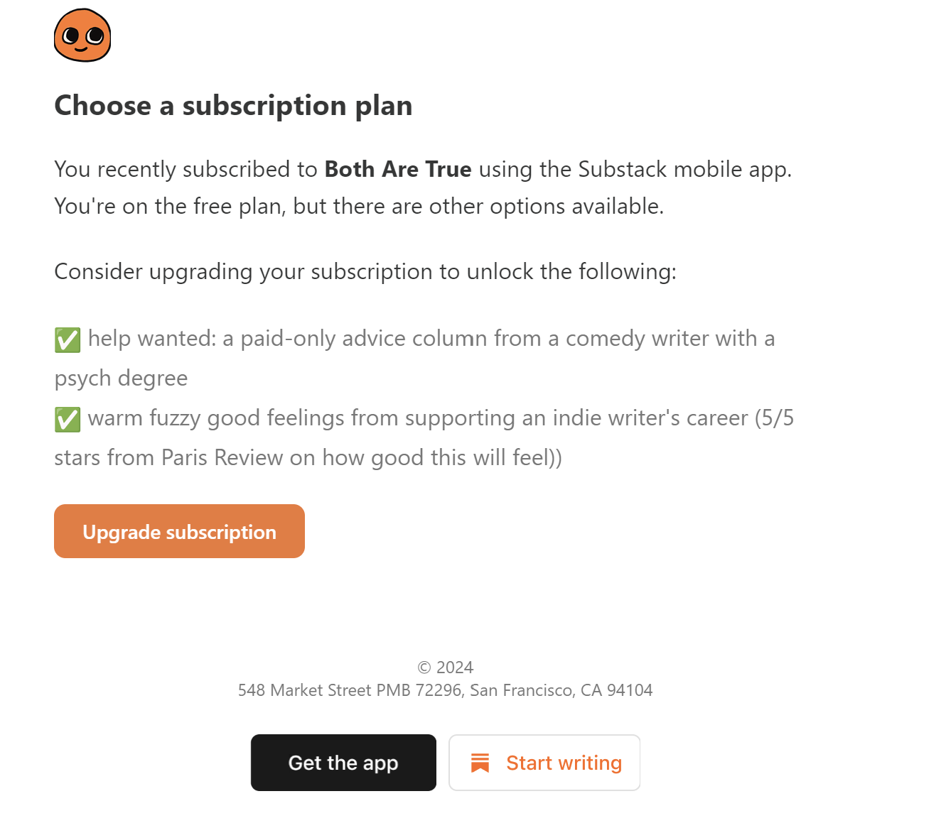Subscription confirmation email example from Substack