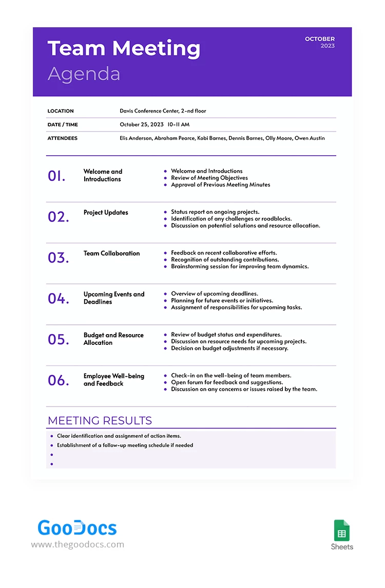 GooDocs의 팀 회의 아젠다 템플릿