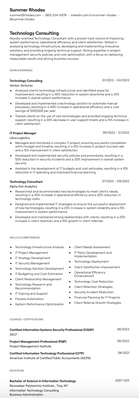 Technology Consulting Resume Example by Teal