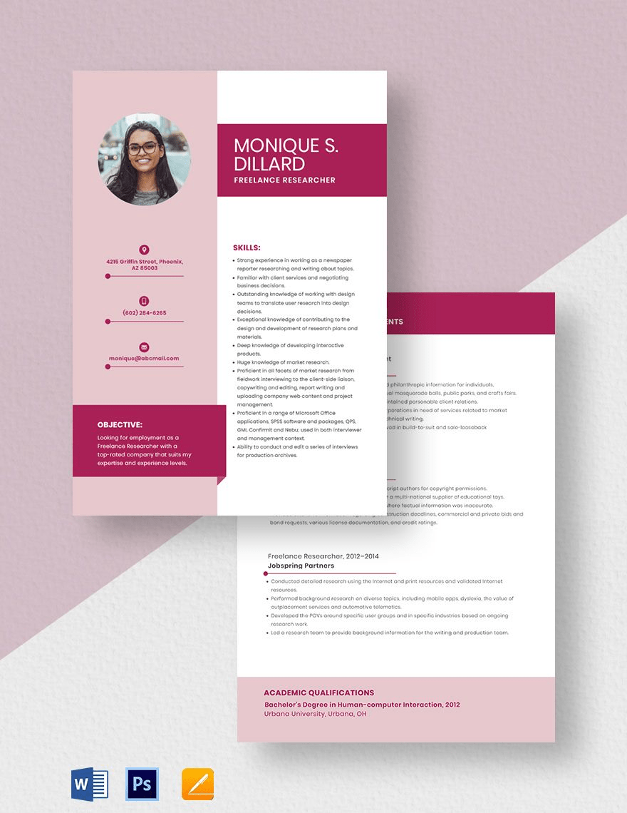 Freelancer researcher resume template example by Template.Net