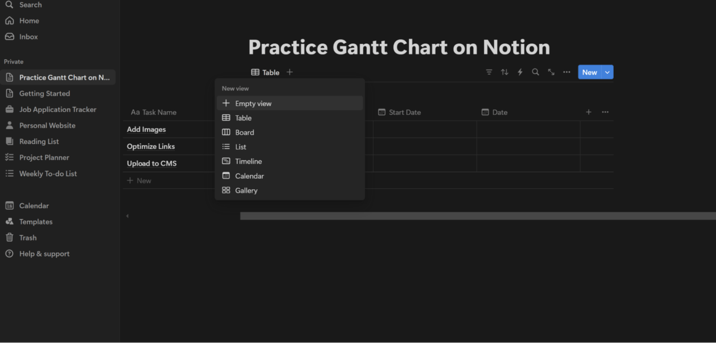 Etapa 3 para criar um gráfico de Gantt no Notion