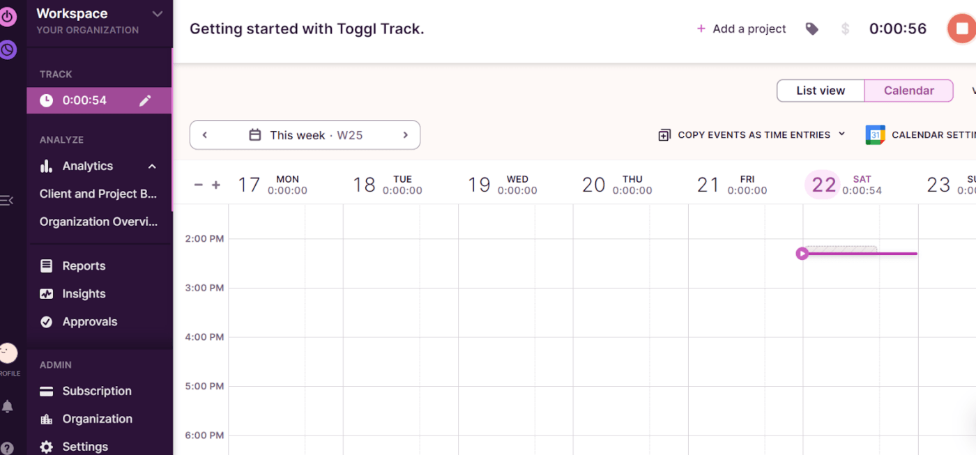 Toggl Track timer