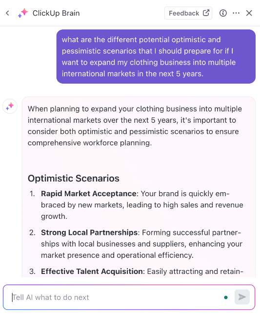 Use ClickUp Brain to help with scenario planning