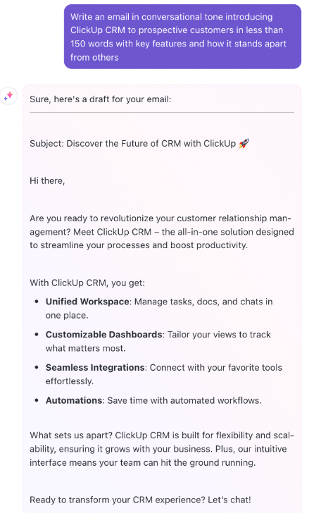 Using ClickUp Brain to generate emails for customers