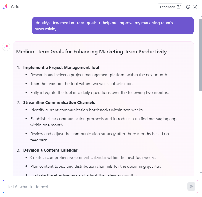 Using ClickUp Brain to identify medium term goals