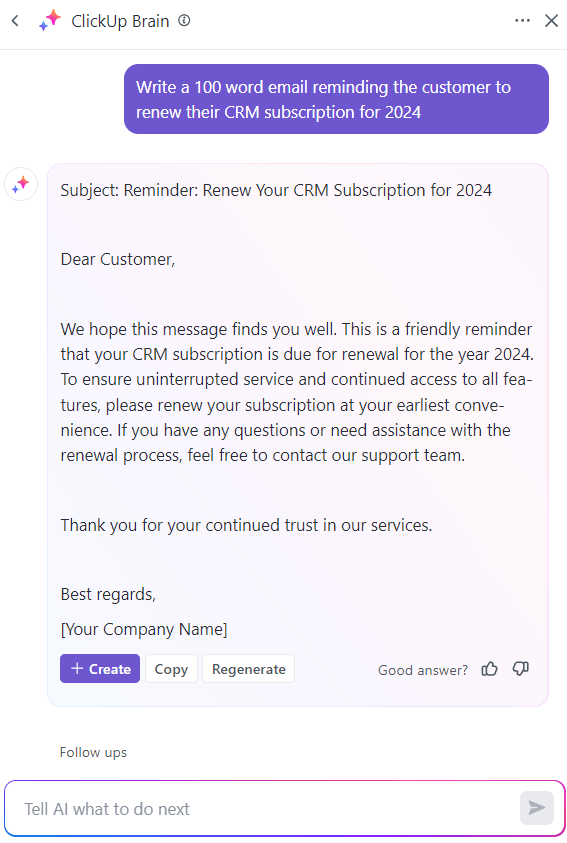 Using ClickUp Brain to write an email