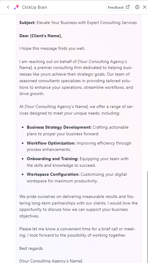 How to find clients for consulting business: Write emails quickly with ClickUp Brain
