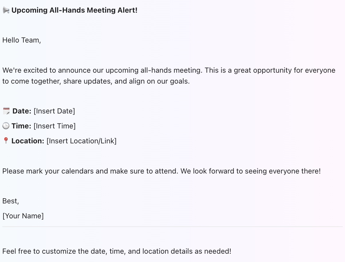 Generate meeting invites for all hands meetings with ClickUp Brain