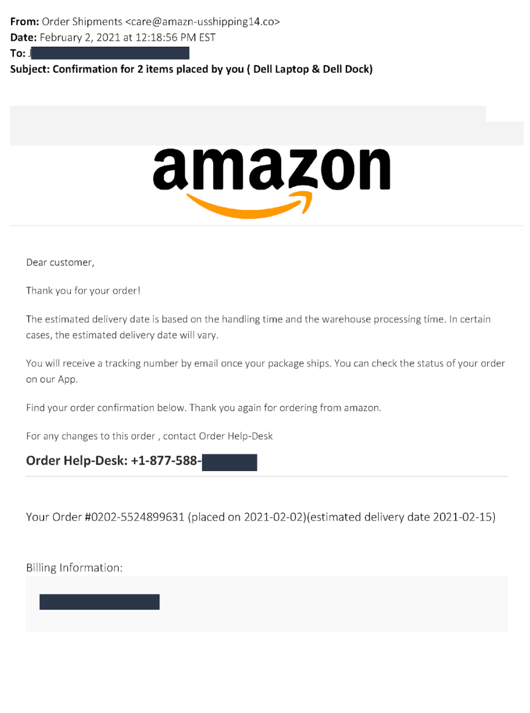 Order confirmation email example from Amazon