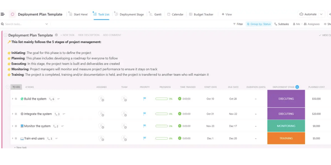 ClickUp's Deployment Plan Template is designed to help you manage and track the success of a deployment plan from start to finish.