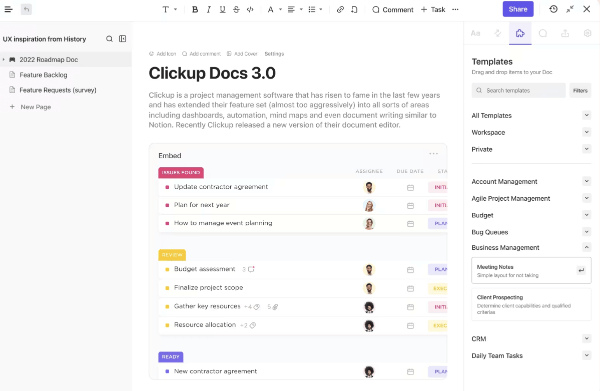 From submissions to workflow conversations and task management, ClickUp’s Docs feature makes document storage a stress-free chore
