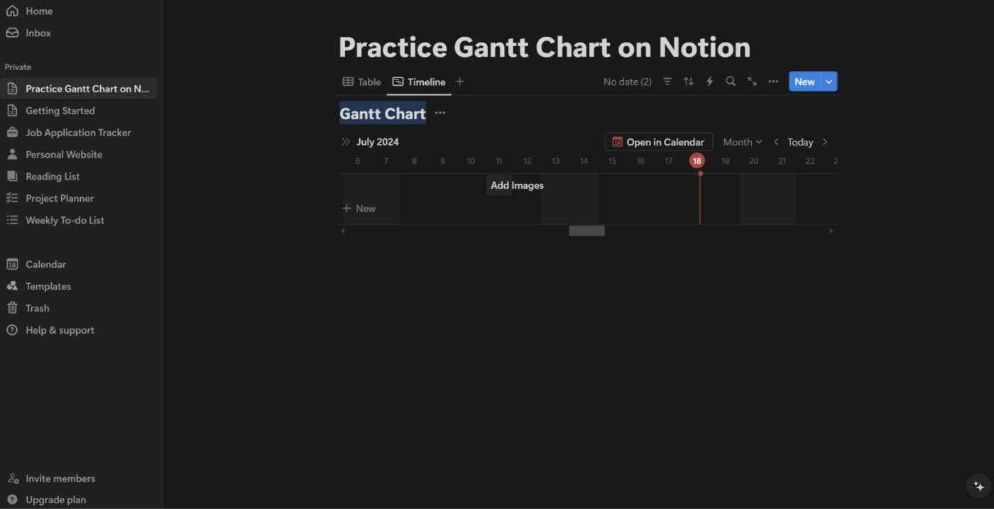 Visualização da linha do tempo do Notion