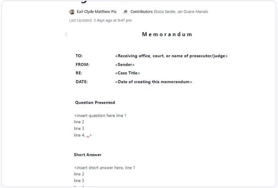 Quickly tailor ClickUp's Legal Memo Template to a specific case to save time and ensure consistency in your legal memos