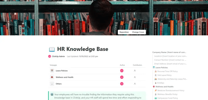 Easily store HR information in ClickUp's HR Knowledge Base Template