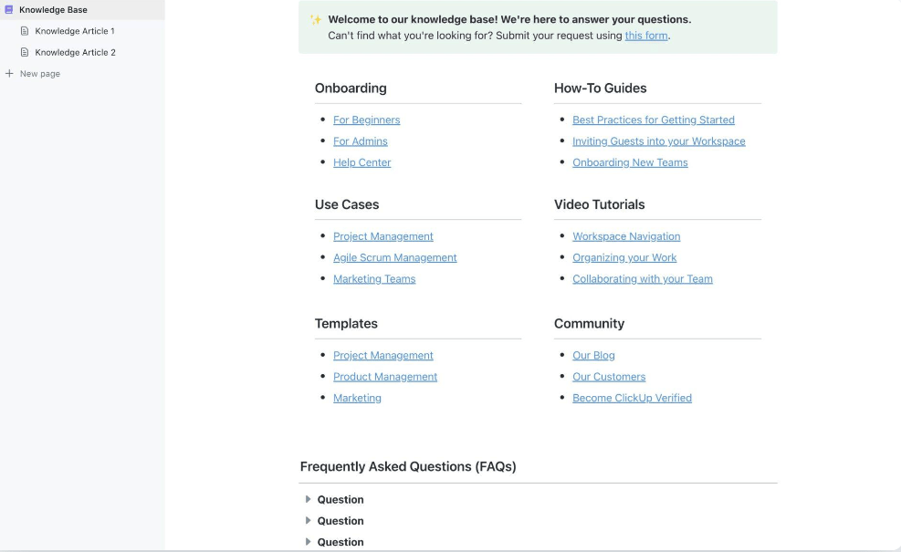 Leverage ClickUp’s Knowledge Base Template with its easy-to-use interface to create a help center, making it simple to navigate and manage data 