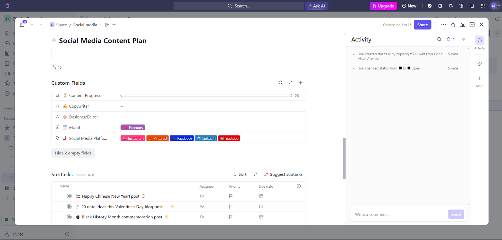 Never miss posting on critical days with ClickUp’s Social Media Content Plan Template