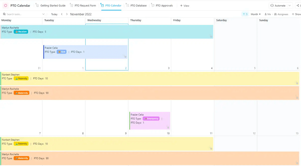 Le modèle de calendrier PTO de ClickUp est conçu pour vous aider à organiser et à suivre les demandes de congés de votre équipe.   